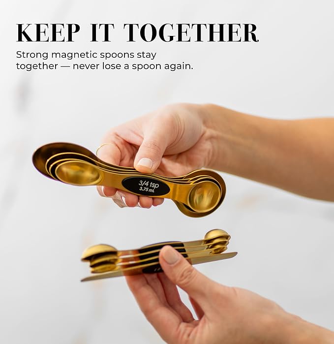 Magnetic Measuring Spoons Set – Stainless Steel Gold Measuring Spoons for Cooking and Baking – Cute and Durable Gold Kitchen Accessories - Great for Gifting