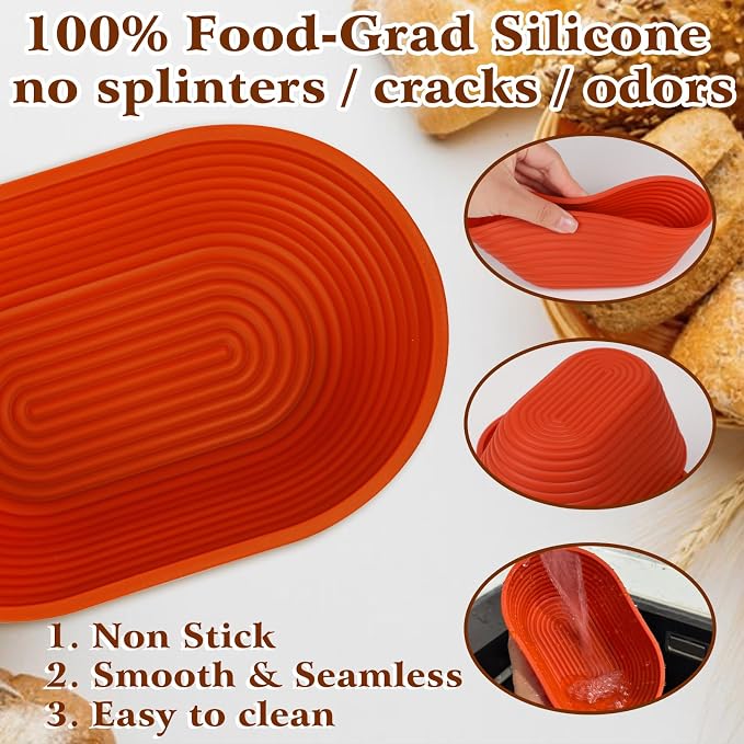 Webake 6 Inch Silicone Oval Small Banneton Basket, Mini Banneton Bread Proofing Basket for Sourdough Bread Soup Bowls, 4Pcs