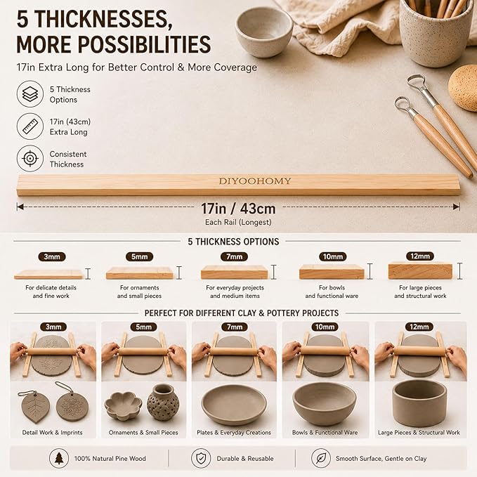 DIYOOHOMY 10 Pcs 17" L Rolling Pin Guides for Clay Dough | Wooden Polymer Clay Pottery Tools, Dough, Pizza, Pastry Thickness Guides, Slab Roller for Clay Machine