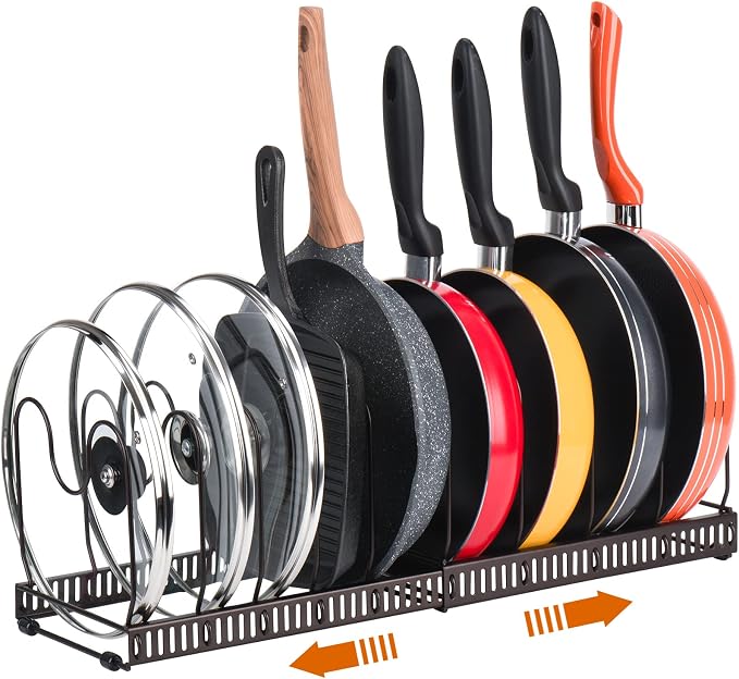 Toplife Pots and Pans Organizer Rack for Cabinet and Countertop, 10+ Pot Lids, Bakeware and Cookware Organizer Rack Holder with 10 Adjustable Compartments - Brown
