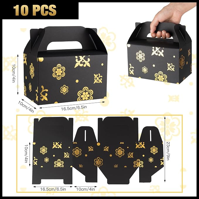 NyuOurea 10 PCS Black Gable Favor Treat Boxes, 6.5 x 4 x 4 Inches Elegant Gift Box with Handle for Guests, Goodie Boxes for Candy, Cookie, Busniess, Graduation, Wedding, Father‘ s Day, Thank You, Birthday, Flower