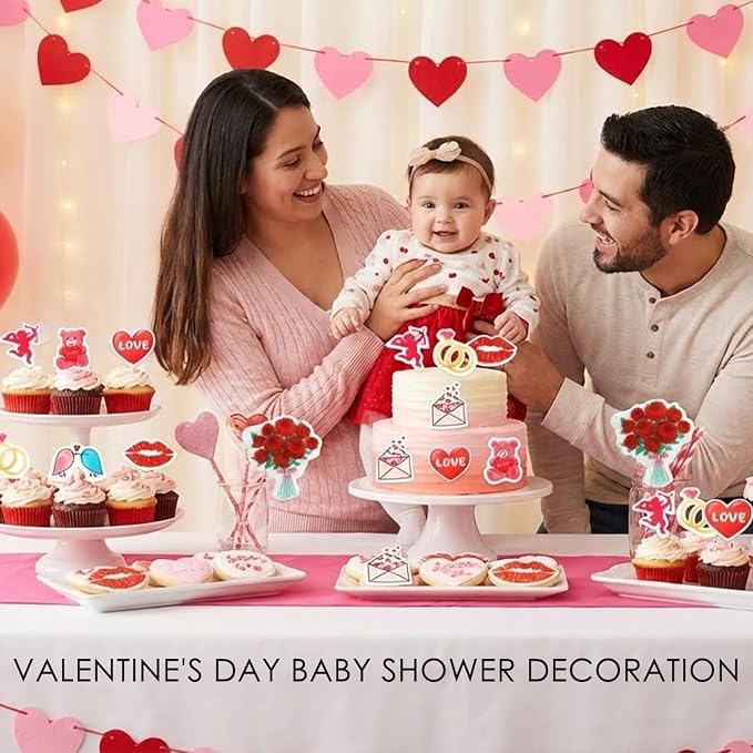 65PCS Valentine's Day Edible Cupcake Toppers & Cake Decorations Romantic Wafer Paper Assortment with Hearts, Cupid Flowers for Anniversary & Wedding Party Desserts