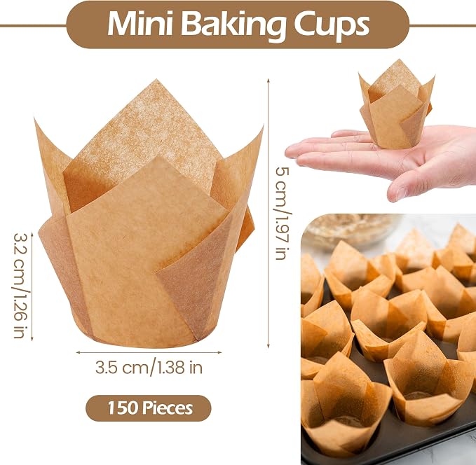 Ruisita 150 Pcs Mini Cupcake Liners Muffin Liners Baking Cups | Tulip Cupcake Liner for Baking Wedding, Birthday, Baby Shower Parties, Natural