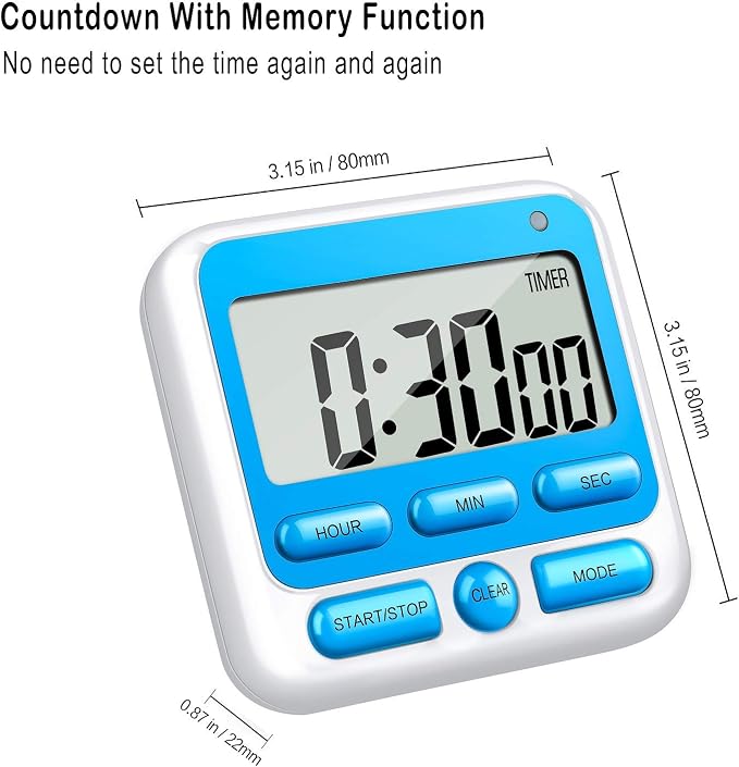 KTKUDY Digital Kitchen Timer with Mute/Loud Alarm Switch ON/Off Switch, 12-Hour Clock & Alarm, Memory Function Count Up & Count Down for Kids Teachers Cooking, Large LCD Display, Strong Magnet (Blue)