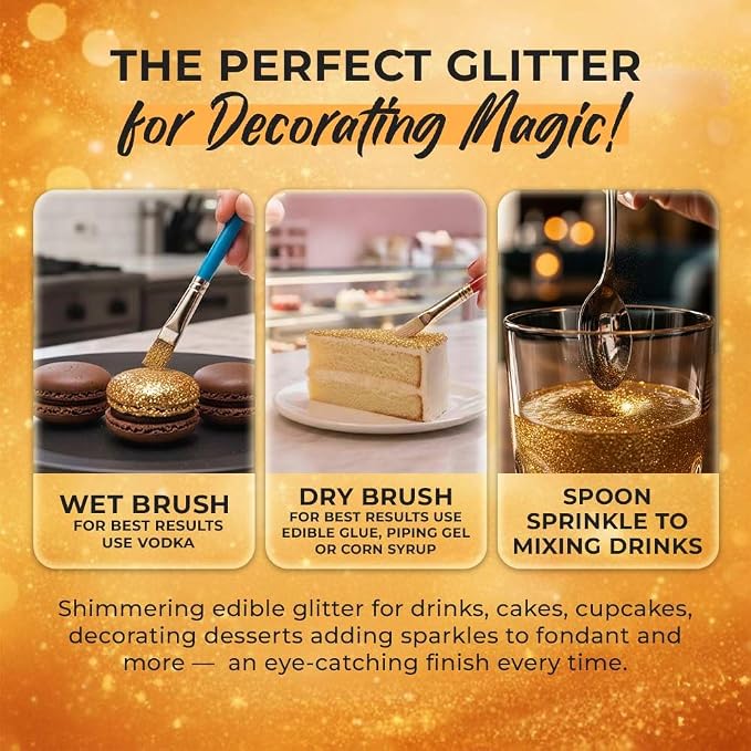 Gold Edible Glitter for Drinks 20g - Gold Edible Glitter for Cakes Cocktails Cake Decoration Sprinkles - Gold Luster Dust for Cocktail & Cake Topper Chocolate Baking Decorating Fondant Cookies - Drink Shimmer Spray Flakes - Food Grade Vegan, Kosher, Ha...