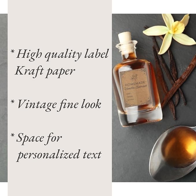 120PCS Homemade Vanilla Extract Labels for Gift Bottles, 60 Sets | 1.5" x 2" Vanilla Extract Stickers with Front & Back Designs for Handcrafted Homemade Bottles & Gifts, Made from Kraft Paper