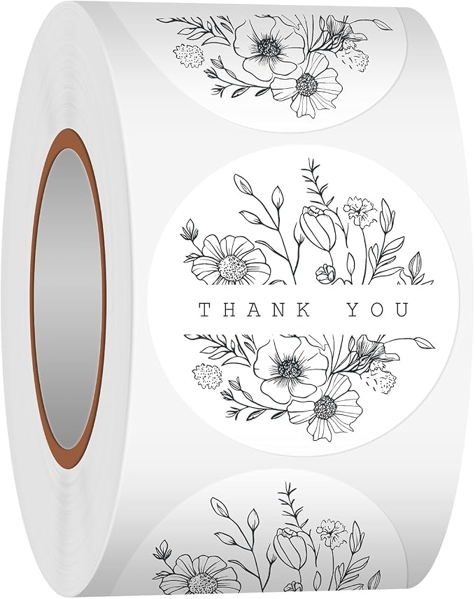 Heyfibro 500 PCS 1.5 Inch Thank You Stickers for Small Business, Baking, Gifts, Envelopes, Weddings (Line Flowers 2)