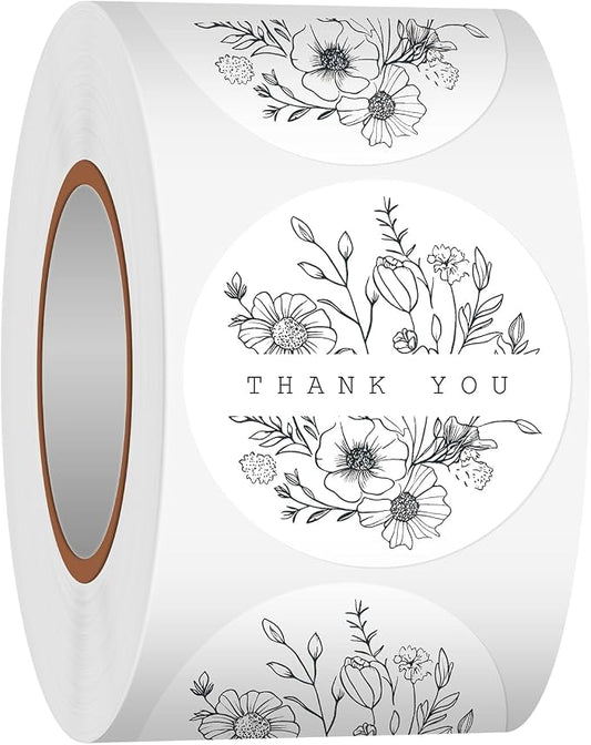 Heyfibro 500 PCS 1.5 Inch Thank You Stickers for Small Business, Baking, Gifts, Envelopes, Weddings (Line Flowers 2)