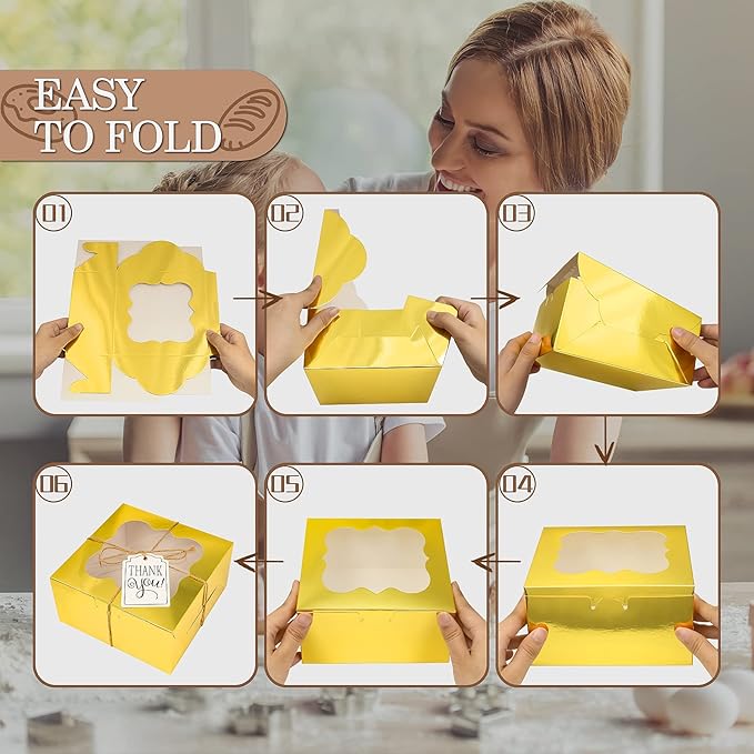 KPOSIYA 65PCS Bakery Boxes with Window 6x6x3 Inches 5 Style Cookie Boxes Small Pastry Boxes for Candy, Dessert, Pastry, Donuts, Birthday Party, Wedding(Gold)