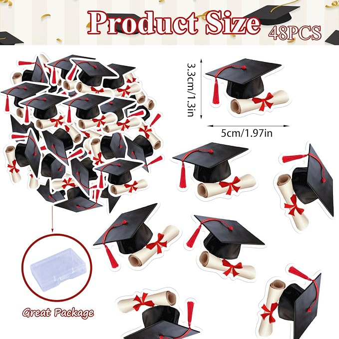 48pcs Edible Graduation Cap Cupcake Toppers Wafer Paper Red Grad Cap Diploma Cake Decorations Edible Grad Cap Cupcake Picks for 2026 Graduation Theme Party Cake Decor Supplies