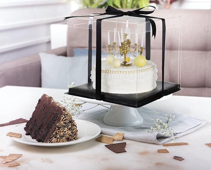 XININSUN 6inch Clear tall cake Box with Ribbon, 8 X 8 X 9inch for Bakery Boxes Clear Gift Boxes,ideal for wedding birthday party and gift display-Black