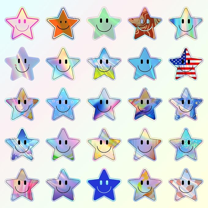 50PCS Smiling Holographic Star Stickers, Cute Water Bottle Stickers for Kids, for Teaching Rewards, Notebooks, Stationery, Luggage, Cartoon PVC Happy Holographic Stickers