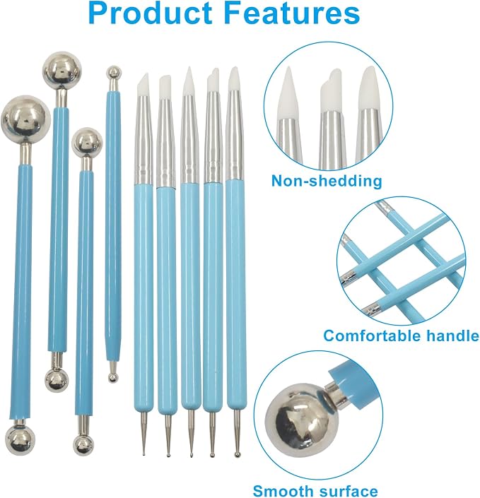 Dotting Tools, Silicone Clay Sculpting Tool Set - 9 Piece Silicone Paint Brushes & Modeling Kit for Pottery, Ceramics, Nail Art & Crafting