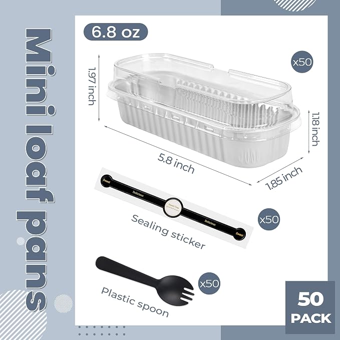 Foil Loaf Pans with Lids, 50 Pack Silver 6.8oz for Meal Prep | Works for sweet bites, savory samples, dips and layered cups; topping visibility supports counter display.