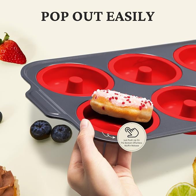 BRONYPRO Silicone Donut Pan for Baking with Metal Reinforced Frame, 6-Cavity Nonstick Doughnut Mold, Large Donut Size, Food-Grade Bakeware, Oven Dishwasher Freezer Safe, Red