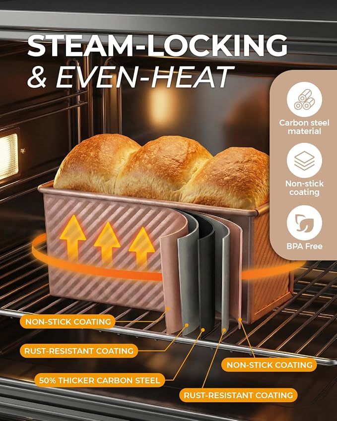 CARTMAN 3-Piece Pullman Loaf Pan with Lid Set – Non-Stick Carbon Steel Bread Pan with Bottom Vents – Includes Large (12"), Medium (8") & Mini (7") Sizes plus Silicone Tools – Champagne Gold