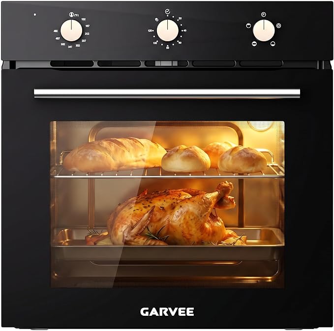 Garvee 24 Inch Single Wall Oven, 2.5 Cu.ft. Built-in Electric Oven with 4 Cooking Functions, 3000W Power, Knob Control, Low-e Glass Door & Cooling Fan, Easy Clean Enamel Interior, Black
