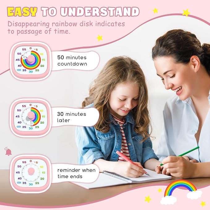 HIPPIH Visual Timer for Kids - 60 Minute Pomodoro Timers for Classroom Kitchen Office, Countdown Kids Timer Clock with Rainbow Disk, Desk Time Management Tool for Toddler with Silent Operation, Pink