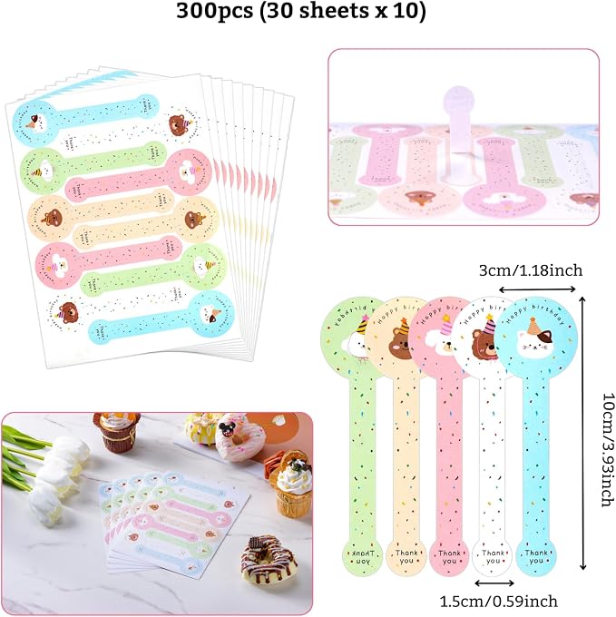 300pcs Happy Birthday Handmade Lollipop Baking Stickers for Cake Box/Tin/Jar/Coffee Cup/Bottle, Long Label Animal Sealing Bakery Stickers for Gift Wrapping Self-Adhesive Tamper Evident Seal Labels