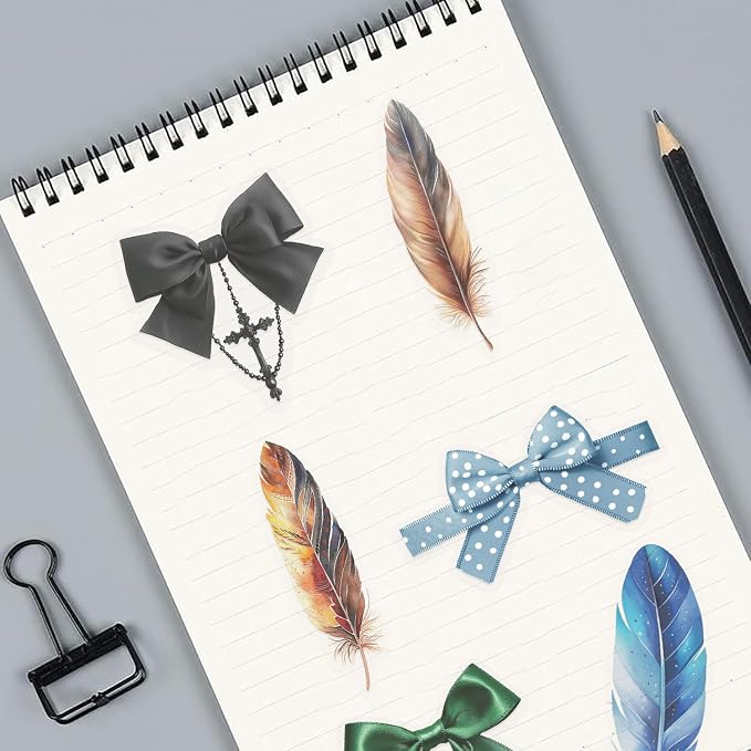 100Pcs Bowknot&Feather Transparent Stickers for Kindle, Bow Tie and Plume Aesthetic Self-Adhesive Scrapbooking Stickers Supplies Journal Stuffers for Adult Card Making Letters DIY (Bowknot)