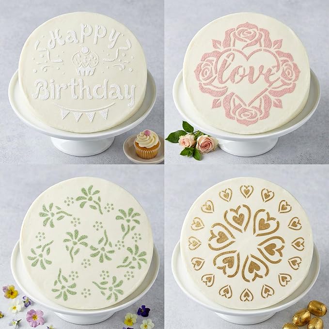 4Pcs Happy Birthday Cake Stencil, Patterns Hearts Floral for Baking | 4Pcs cake stencils:Happy Birthday,Hearts,Love,Floral.Food-grade PET,reusable,smooth edges.For fondant,buttercream,cookies