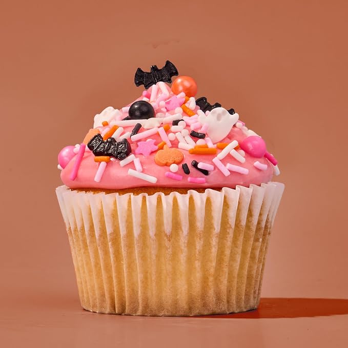 Fancy Sprinkles Glam Reaper Sprinkles | Pink, Orange, Black & White Jimmies | Bat & Pumpkin Shaped Candy | Halloween Cake, Cupcake & Cookie Decorating | 1 Pack (0.5c)
