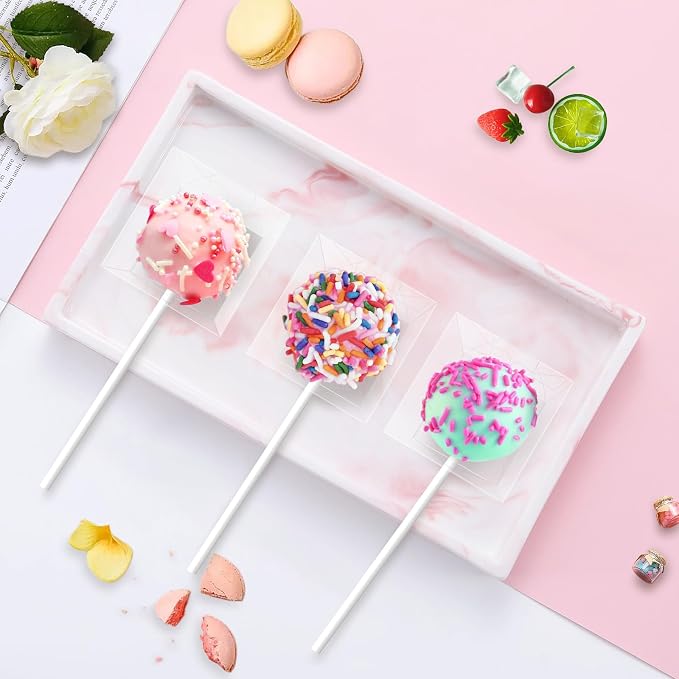 MGWOTH 100 Set Cake Pop Boxes with Paper Sticks Kit: Clear Gift Container with Holes for Candy, Macaron, Lollipop Packaging, Mini Plastic Cakepop Wrapping for Wedding Party Birthday Christmas