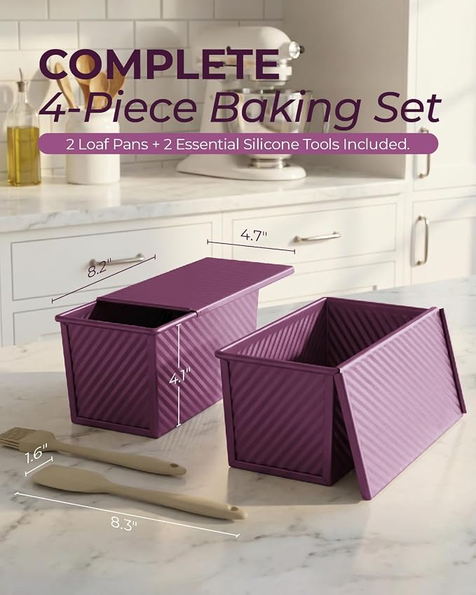 CARTMAN Bread Loaf Pan 2 Pack, 8x4 Pullman Loaf Pan with lid and a Silicone Spatula and Basting Pastry Brush, 1 lb Dough Capacity,Non-Stick Carbon Steel bread pans for homemade bread Plum Purple