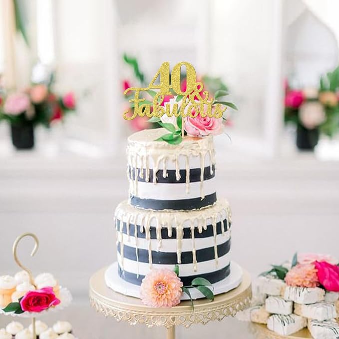 1 PCS Fabulous Cake Topper Gold Glitter 40th Birthday Cake Pick Decoration for Wedding Anniversary Party Decorations Happy 40th Birthday Cake Decorations Supplies