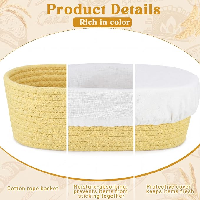 4 Pcs 10 Inch Bread Proofing Basket Set Cotton Rope Oval Banneton Basket Sourdough Bread with Liners Covers for Baking Supplies (Yellow)