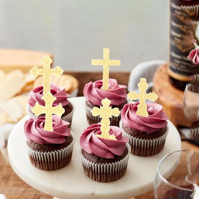 60 PCS Edible Cross Cupcake Toppers Wafer Paper God Bless and Baptism Cupcake Picks Edible Christian Baptism Cross Cake Decorations for Religious Theme Baby Shower Birthday Party Supplies Gold