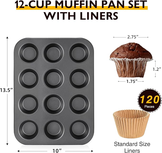 HONGBAKE Muffin Pans with 120 Natural Parchment Liners, Nonstick Cupcake Baking Tray for Oven, Premium Standard Size, 12 Cup, 2 Pack, Dark Grey