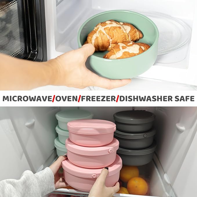 Silicone Food Storage Containers Bowl, Set of 3 Reusable Silicone Tupperware Bento Lunch Snack Box Containers with Lids (17oz, 25oz, 42oz) Dishwasher, Microwave and Freezer Safe (Bright Yellow)