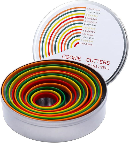 Alimat PluS Round Cookie Biscuit Cutter Set, 12 Pack Pastry Cutters in Graduated Sizes for Donut, Dough, Fondant, Clay, Stainless Steel Circle Cutter Cake Ring Molds with Colorful Rubber Coating