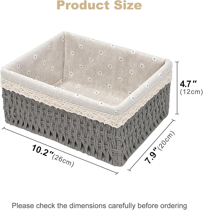 Large Wicker Storage Basket with Liner, Hand-Woven Paper Rope Rattan Organizer Bin for Pantry, Countertop, Bathroom, Bedroom, Shelves (Grey, L)