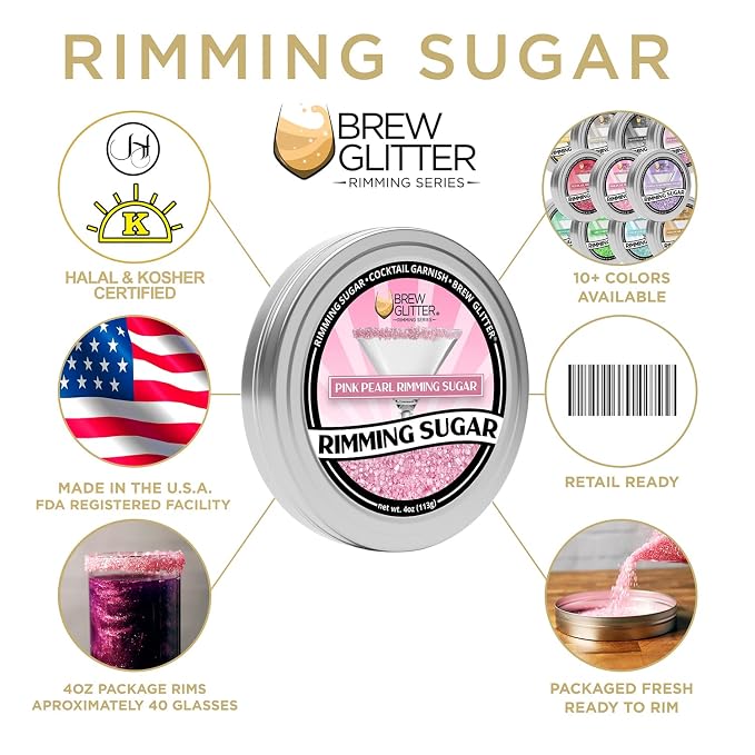 Brew Glitter - Rimming Sugar (4oz, 1x Bar Tin) Cocktail Garnish for Mixed Drinks & Refreshments (Pink, 1lb)