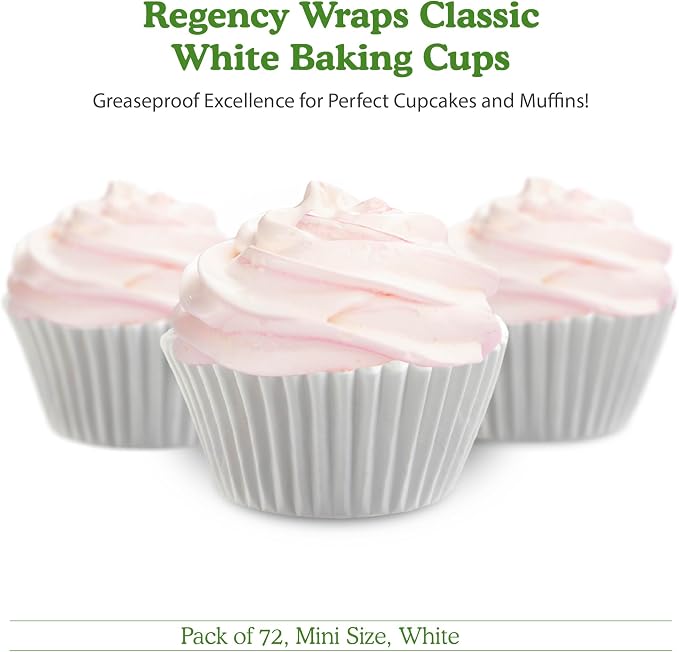 Regency Wraps Baking Cups, Greaseproof Cupcake Muffin Liners, Non-Stick for Easy Removal and Easy Serving of Baked Treats, Pack of 72, Mini Size, White