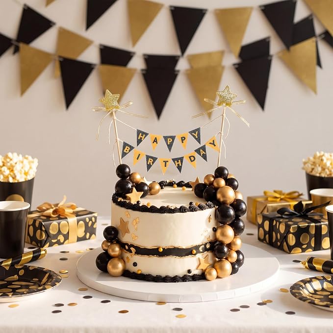 21 Pcs Happy Birthday Cake Topper Cake Bunting Topper Banner with Wood Pole Rainbow Garland with Bow Ribbon Balloon, Mini Cupcake Decor for Birthday Baby Shower (Black,Gold)