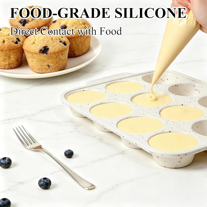 Vinino Silicone Muffin Pan for Baking with Metal Reinforced Frame, 12 Cups Regular Size Silicone Cupcake Pan with Non-Slip Handle, Nonstick Muffin Tray for Oven, BPA Free, Dishwasher Safe