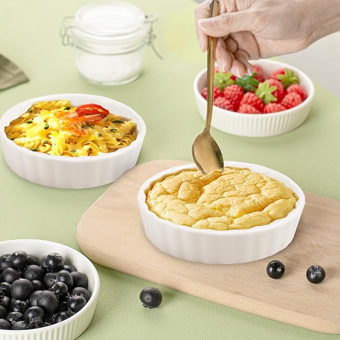 8 oz Creme Brulee Ramekins,6 Pack Porcelain Ramekins Oven Safe,Round Fluted Quiche Dishes,Mini Tart Pans for Baking Souffle,Mini Pies,Dipping Sauces,Tart