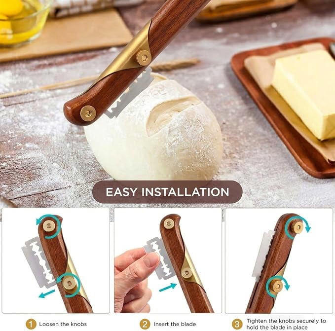 Linora Bread Lame sourdough scoring tool - Handcrafted Wooden bread scoring knife with 4 Razor Blades, scoring tool for sourdough bread baking, bread scorer blade with protective cover
