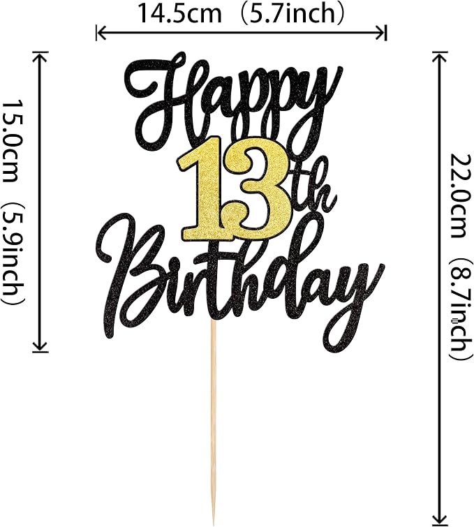 1 PCS Happy 13th Birthday Cake Topper Black Gold Glitter Cheers to 13 Years Birthday Cake Pick 13 Fabulous Cake Decoration for Happy 13th Birthday Anniversary Party Cake Decorations Supplies