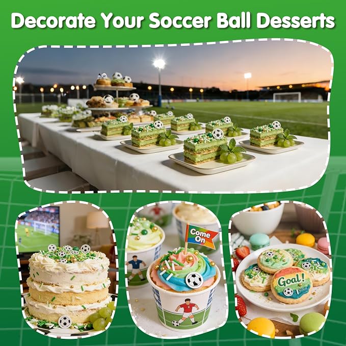 Edible Soccer Sprinkles for Cake Decorating,Food Grade 130g,Baking Sprinkle Mix for Sports & Football Theme Party,Green Gold White Pearls and Jimmies with Soccer Wafer Paper Toppers,for Cupcakes,Ice Cream,Cookies,Donut,Cake Decorations,Match Viewing Ev...