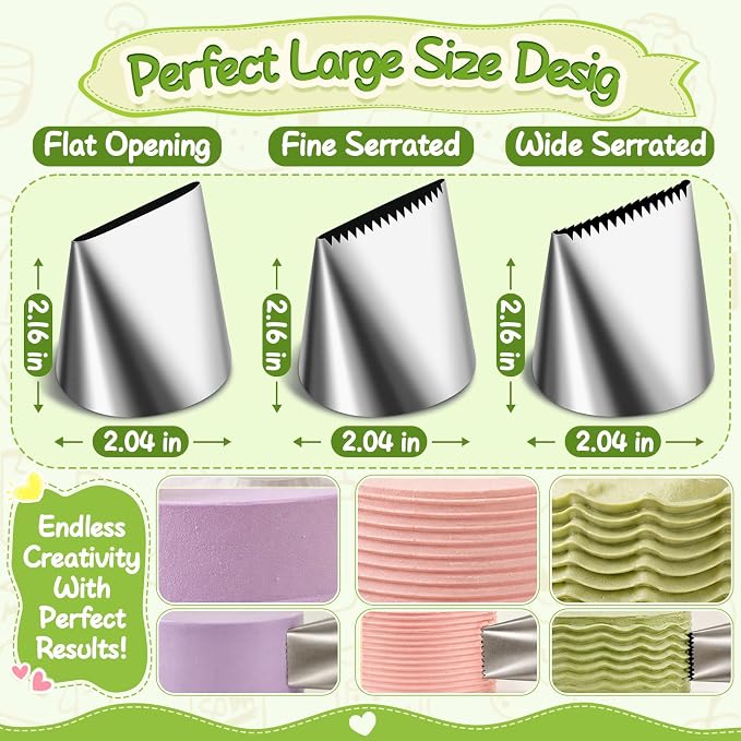 NOVANO Large Piping Tips, 3PCS Set, Stainless Steel Icing Nozzles | Extra Large Plain & Serrated Tips, Cake Decorating, Cupcake Frosting, Cream Baking Tools