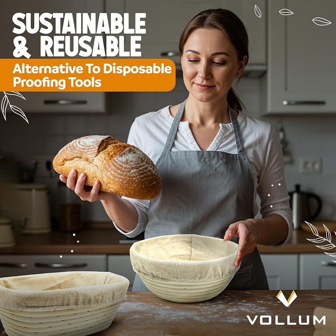 PW-V3002-LIN: Vollum Banneton Bread Proofing Basket & Liner – Handmade Rustic Sourdough Bread Baking Supplies, Brotform Basket, Sour Dough Tools, Gifts for Bakers - Round - 10"D x 3.5"H