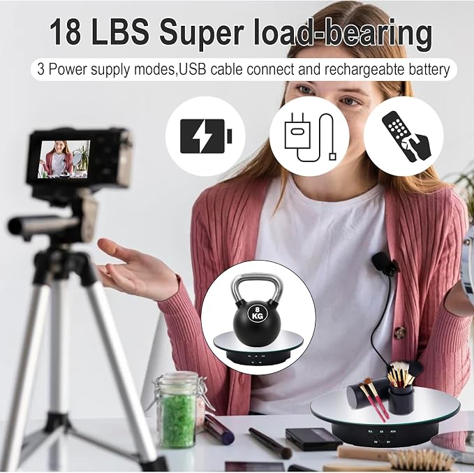JAYEGT Motorized Rotating Display Stand, 7.87inch /17.6lbs Load, 360 Degree Electric Rotating Turntable for Photography Products，Jewelry，with 5 Colors Backgrounds , Mirror Cover (Black/Remote Control)