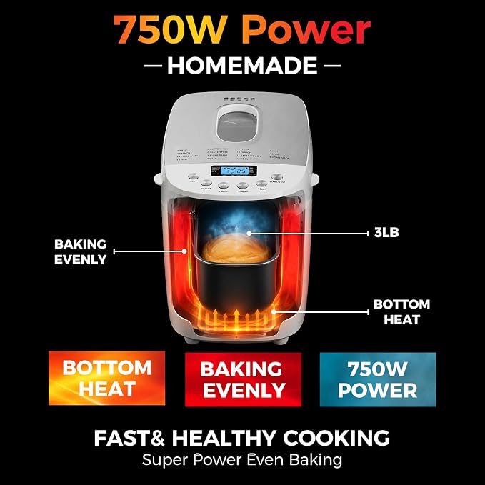 Davivy Bread Maker Machine with 2 Dough Kneading Paddles,15-in-1 Automatic Large Capacity Bread Machine Nonstick Bowl For Bread, Jam& Yogurt, 3 Loaf Sizes and 3 Crust Settings