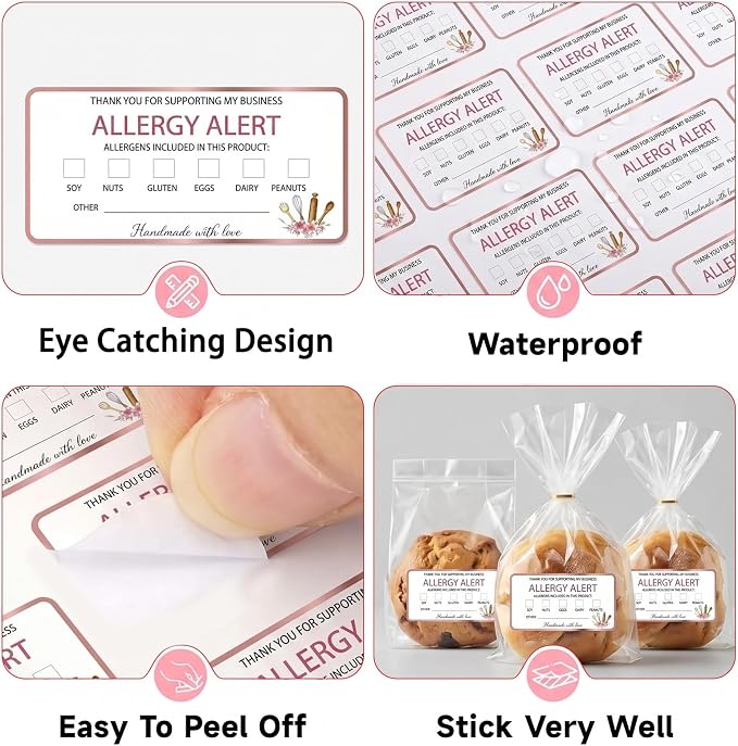 Creation Allergen Warning Stickers Food Allergy Ingredients Label Stickers | 200 Pcs Food Allergy Decals, Ingredients Label Stickers, Waterproof Sticker, Bakery Food Bag Restaurant Kitchen Catering Use