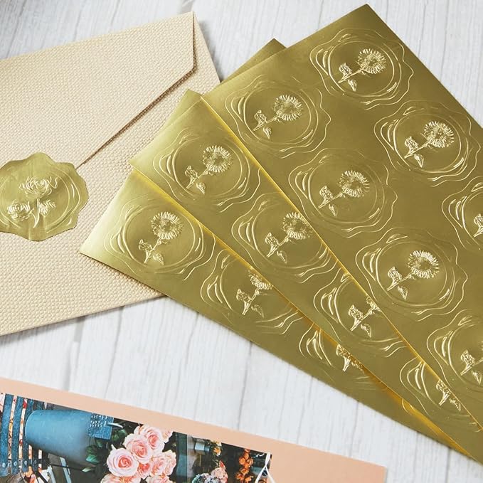 300 Pieces Embossed Gold Foil Stickers, Gold Sunflower | For Envelopes, Wedding Invitations, Christmas Greeting Cards