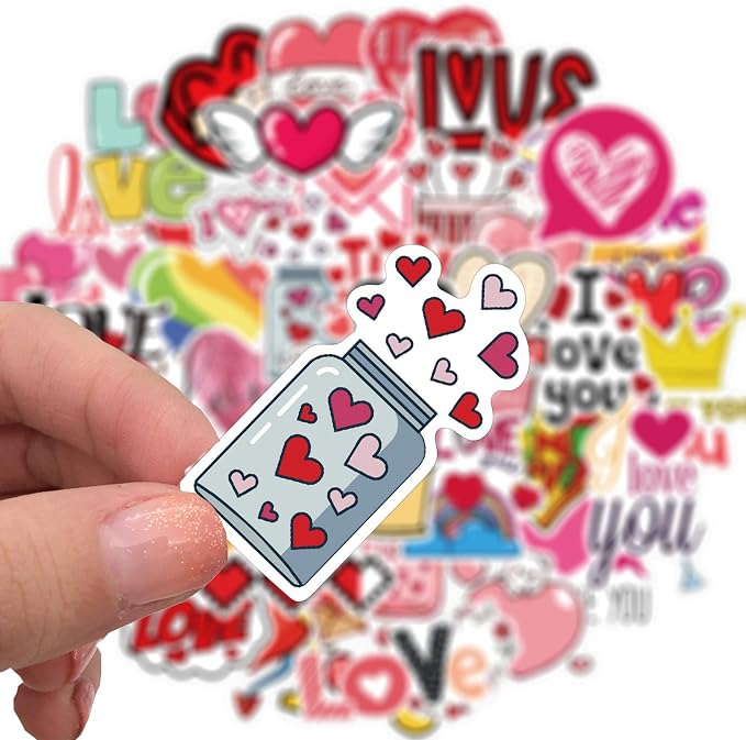 Heart Sticker, I Love You Stickers Pack for Lovers Friends, 50Pcs Valentine's Day Waterproof Vinyl Stickers for Water Bottles Laptop, Gift Boxes Decals, Party Supplies (Love)